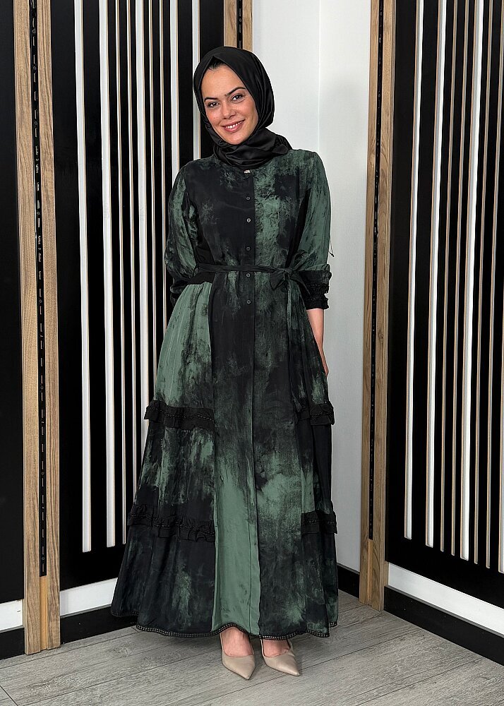 MissWhence Sulu Boya Desenli Nakış İşlemeli İpek Elbise YEŞİL - 4