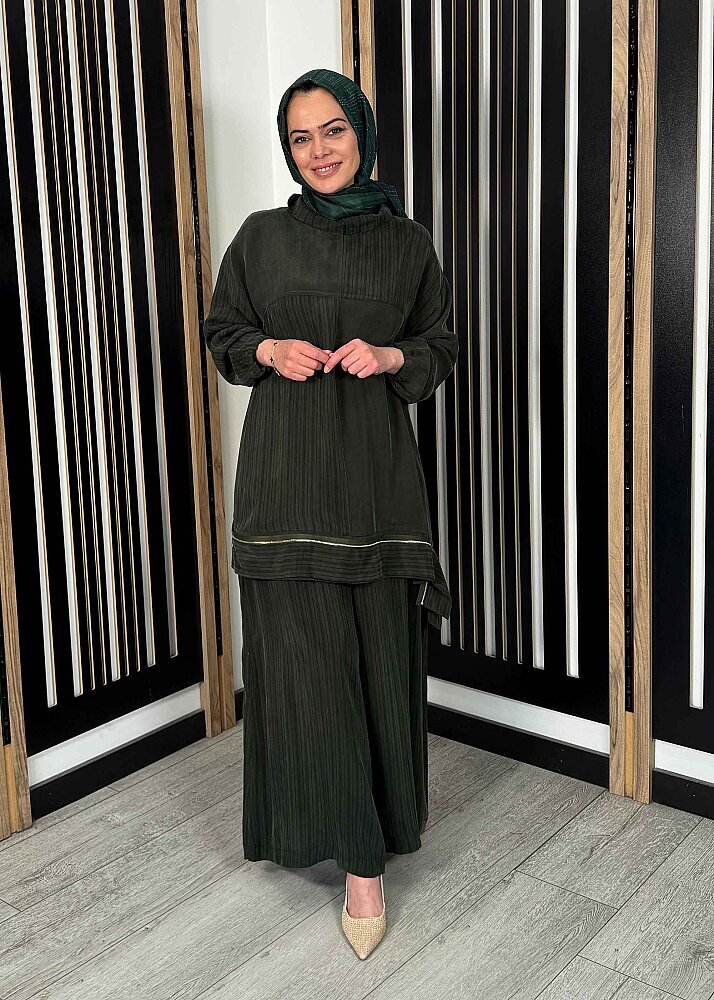 MissWhence Tuniğinin Etek Ucu Fermuar Detaylı Pantolon Takım HAKİ