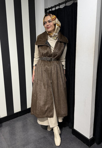 MissWhence Yakası Kürk Detaylı Kemerli Yelek KAHVE - 3