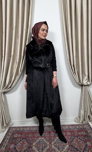 MissWhence Yakası Kürk Detaylı Kemerli Yelek SİYAH - 2