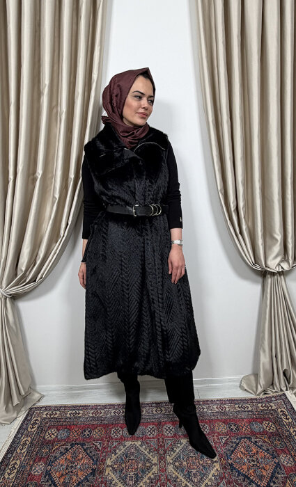 MissWhence Yakası Kürk Detaylı Kemerli Yelek SİYAH - 2