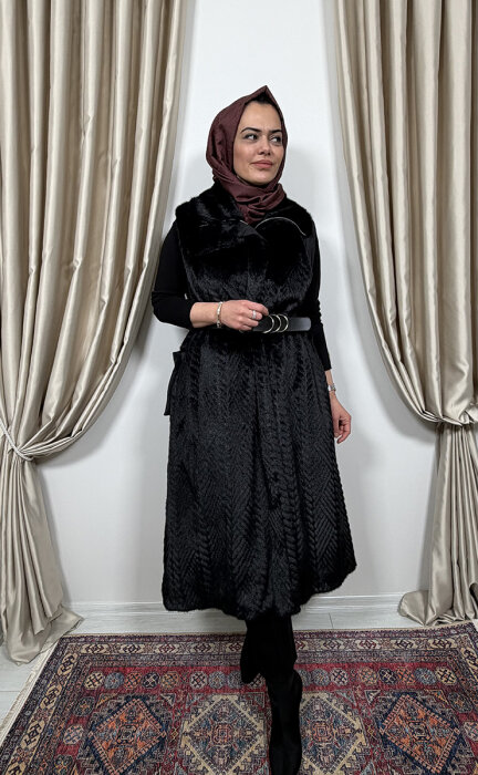 MissWhence Yakası Kürk Detaylı Kemerli Yelek SİYAH - 3