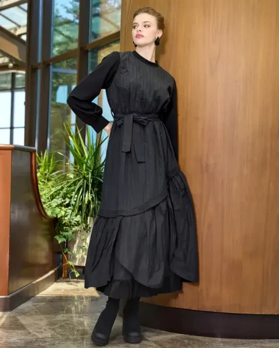 MissWhence Yakası Ve Kolları Penye Tafta Elbise SİYAH - 1