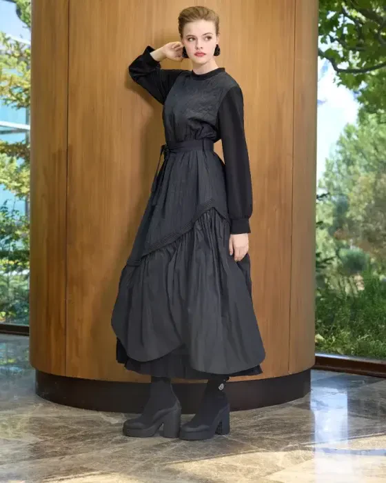 MissWhence Yakası Ve Kolları Penye Tafta Elbise SİYAH - 2