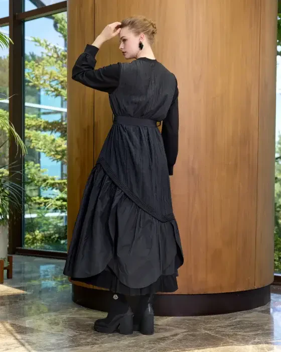 MissWhence Yakası Ve Kolları Penye Tafta Elbise SİYAH - 4