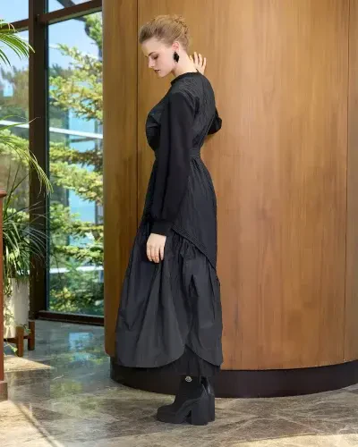 MissWhence Yakası Ve Kolları Penye Tafta Elbise SİYAH - 5