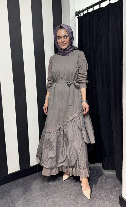 MissWhence Yakası Ve Kolları Penye Tafta Elbise VİZON - 1