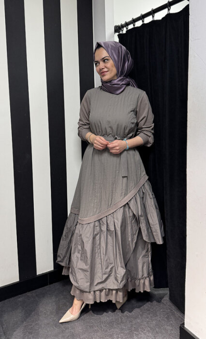 MissWhence Yakası Ve Kolları Penye Tafta Elbise VİZON - 2