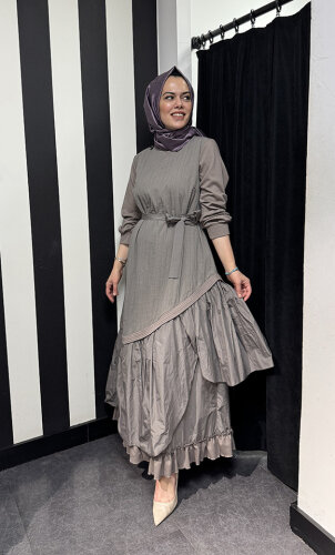 MissWhence Yakası Ve Kolları Penye Tafta Elbise VİZON - 3