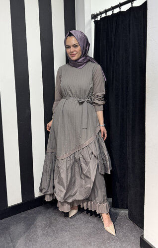 MissWhence Yakası Ve Kolları Penye Tafta Elbise VİZON - 4