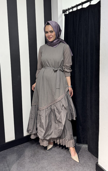 MissWhence Yakası Ve Kolları Penye Tafta Elbise VİZON - 4