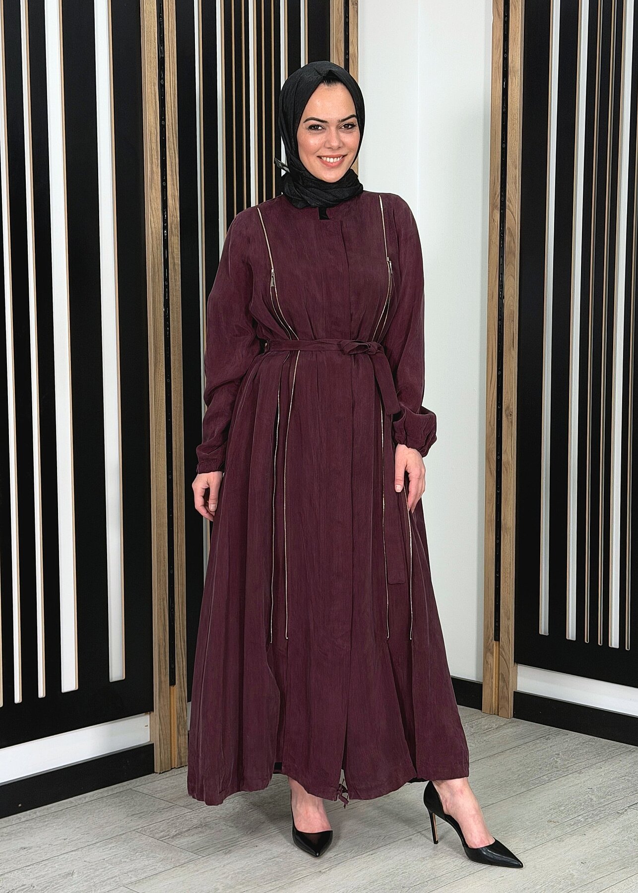 MissWhence Yanlardan Fermuarlı Ferace BORDO - 1