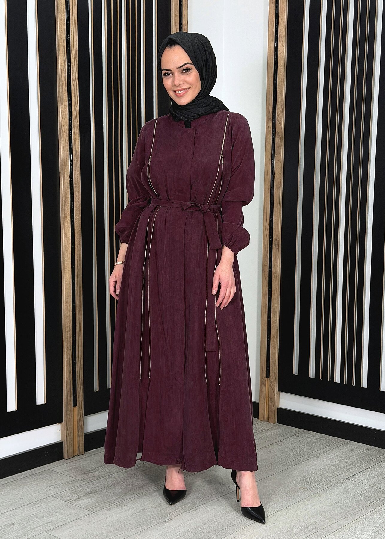 MissWhence Yanlardan Fermuarlı Ferace BORDO - 2