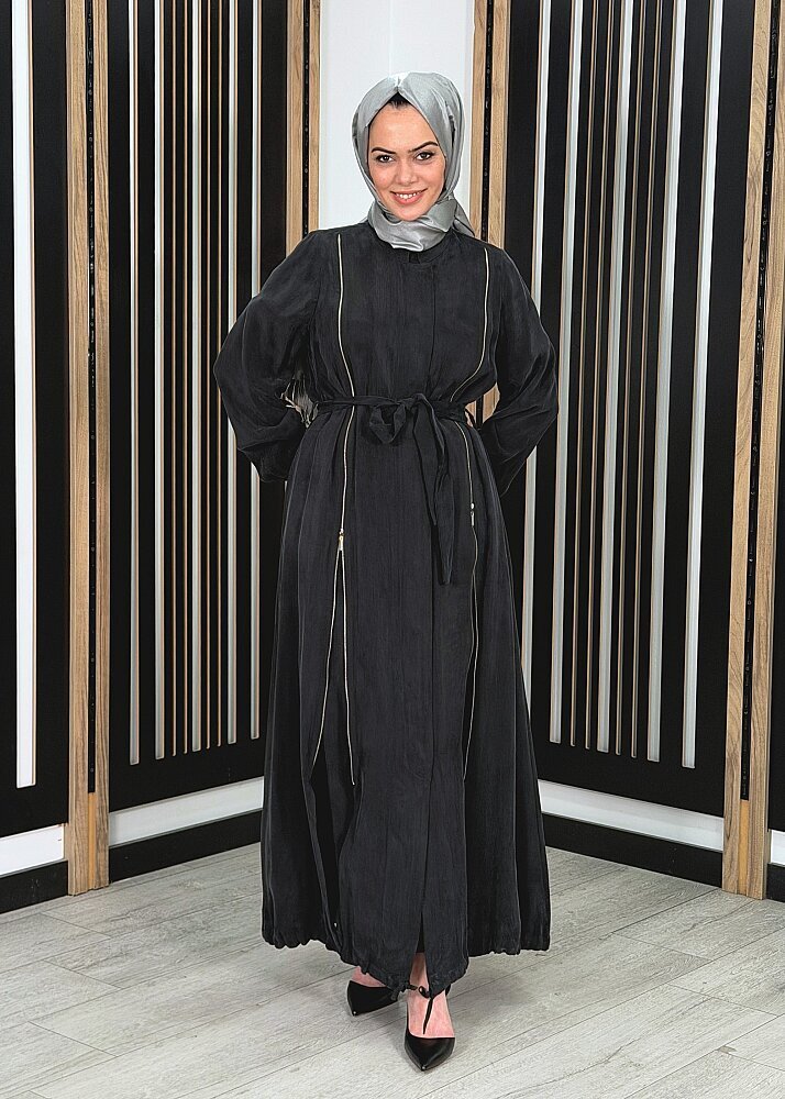 MissWhence Yanlardan Fermuarlı Ferace SİYAH - 3