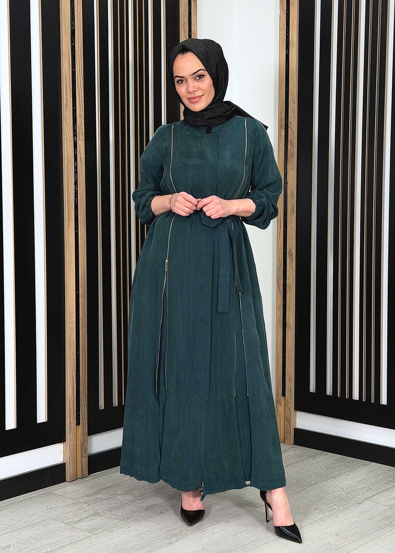 MissWhence Yanlardan Fermuarlı Ferace YEŞİL - 3