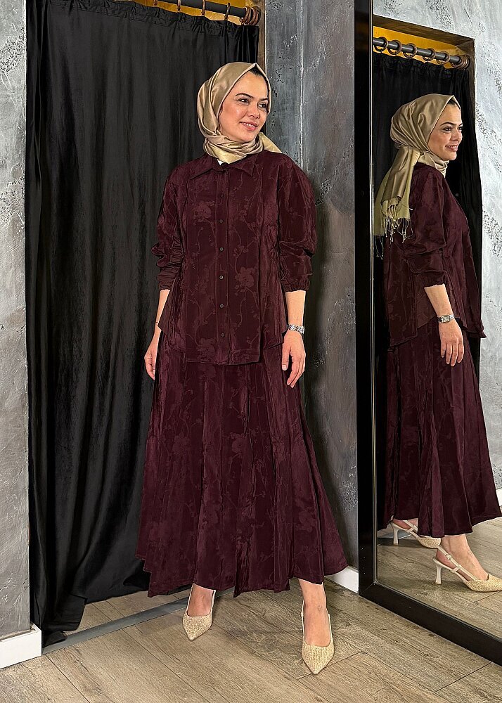 MissWhence Yanları Kapitone Detaylı Kendinden Desenli Takım BORDO - 3