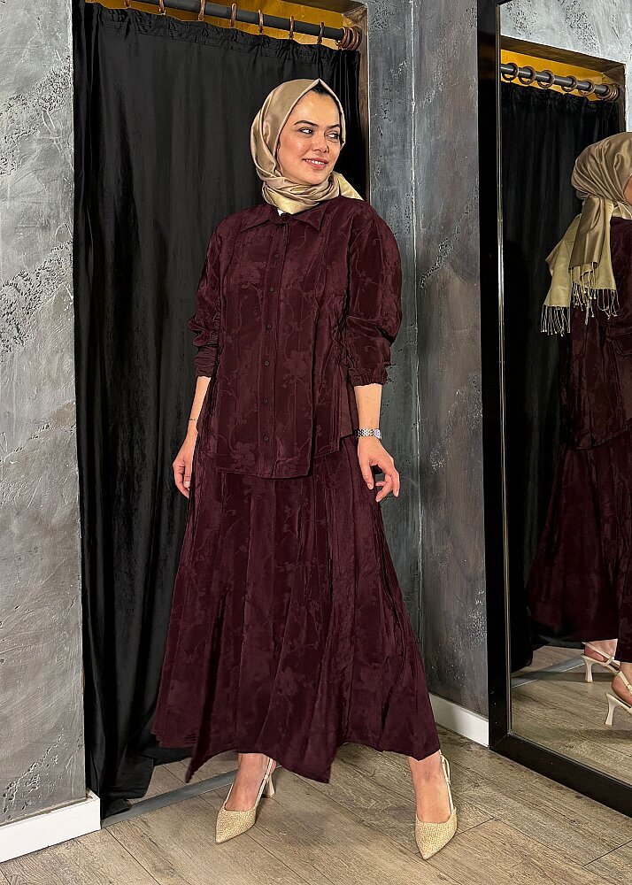 MissWhence Yanları Kapitone Detaylı Kendinden Desenli Takım BORDO