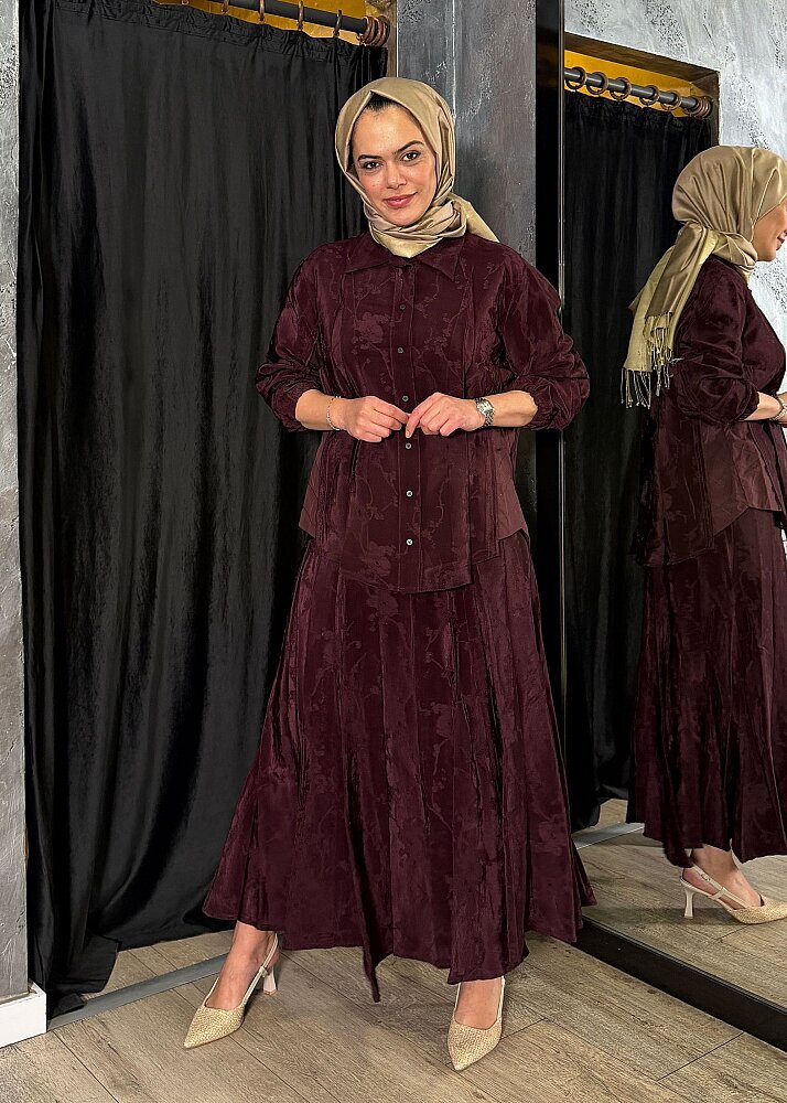 MissWhence Yanları Kapitone Detaylı Kendinden Desenli Takım BORDO - 5