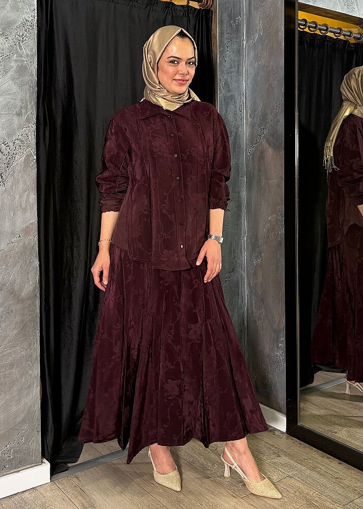MissWhence Yanları Kapitone Detaylı Kendinden Desenli Takım BORDO - 7