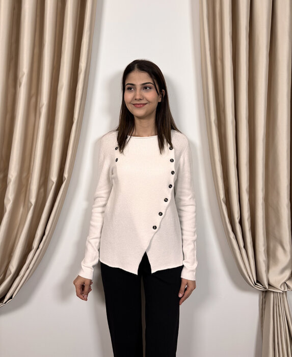 NiQozza Defne Düğmeli İthal Triko Kazak EKRU - 4