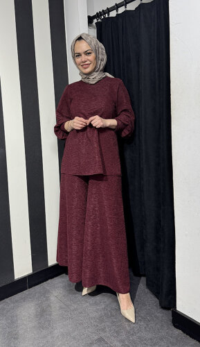 Noi Brümcüklü Krep Geniş Paça Pantolonetek BORDO - 3