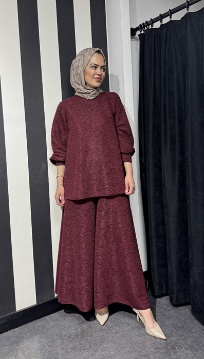 Noi Brümcüklü Krep Geniş Paça Pantolonetek BORDO - 4