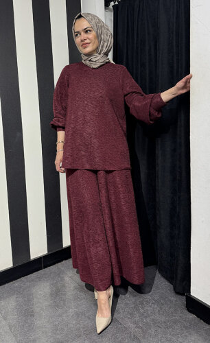 Noi Brümcüklü Krep Geniş Paça Pantolonetek BORDO - 5