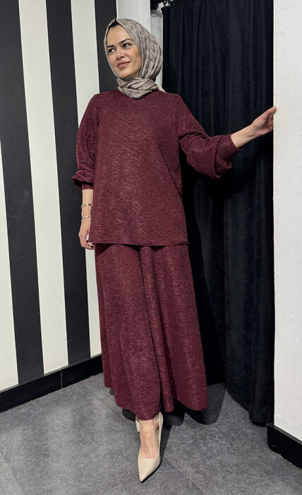 Noi Brümcüklü Krep Geniş Paça Pantolonetek BORDO - 5