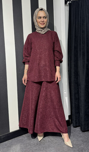 Noi Brümcüklü Krep Geniş Paça Pantolonetek BORDO - 6