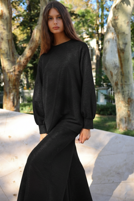 Noi Brümcüklü Krep Geniş Paça Pantolonetek SİYAH - 2