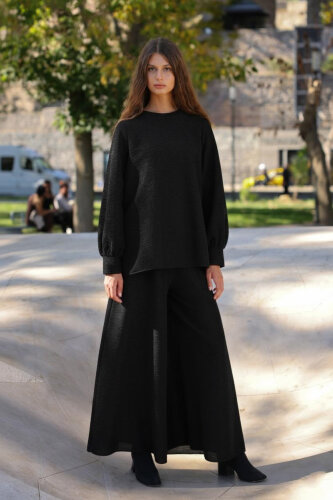 Noi Brümcüklü Krep Geniş Paça Pantolonetek SİYAH - NOİ