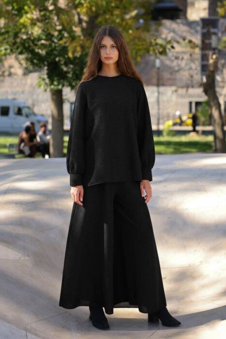 Noi Brümcüklü Krep Geniş Paça Pantolonetek SİYAH - 1