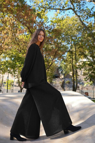 Noi Brümcüklü Krep Geniş Paça Pantolonetek SİYAH - 3