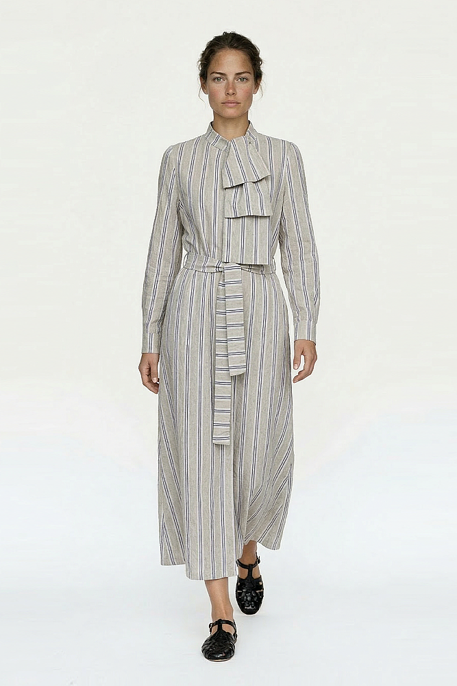 Noİ Çizgili Keten Viscon Mia Yakadan Fularlı Elbise BEJ - 1