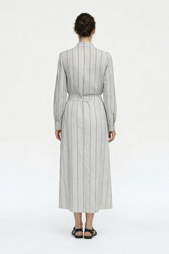 Noİ Çizgili Keten Viscon Mia Yakadan Fularlı Elbise BEJ - 2