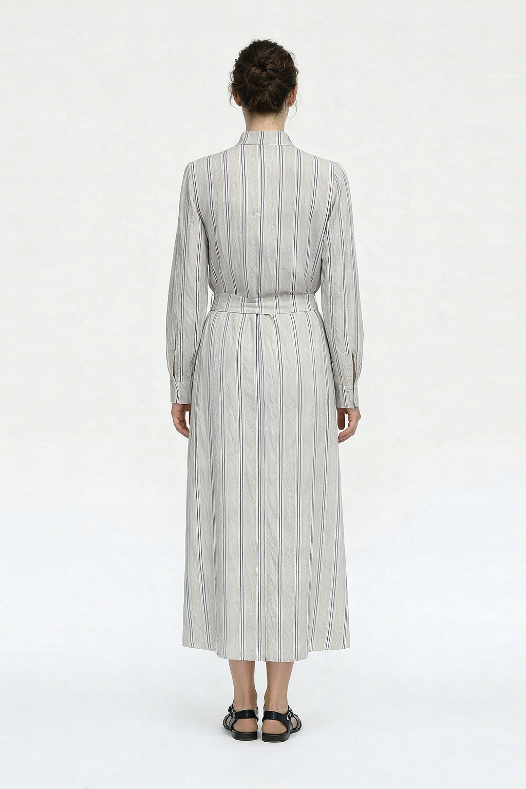 Noİ Çizgili Keten Viscon Mia Yakadan Fularlı Elbise BEJ - 2