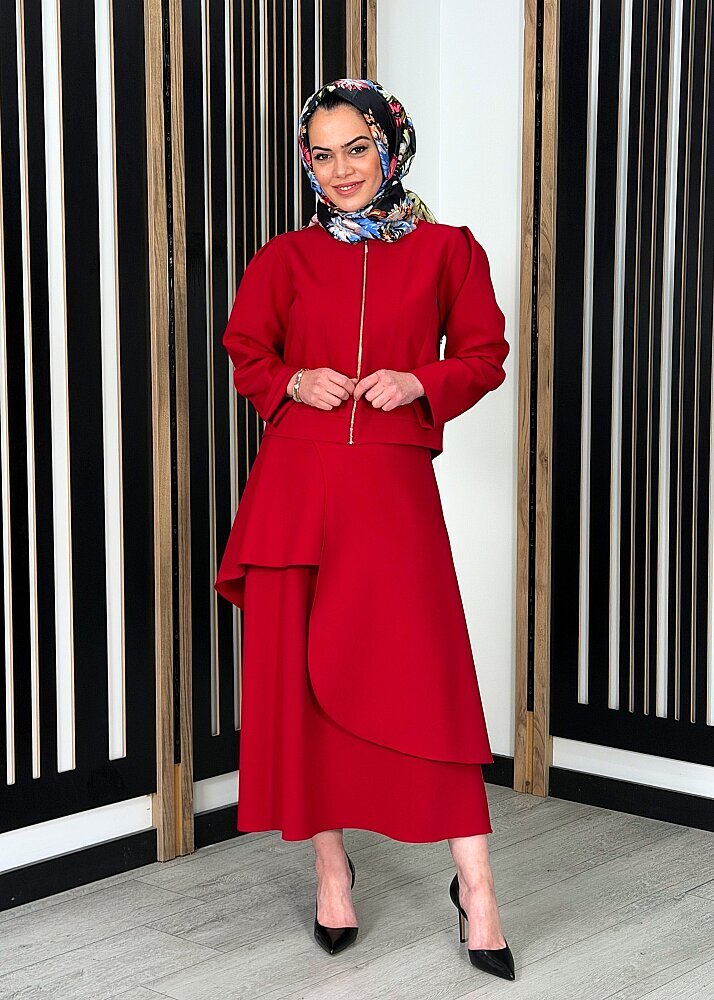 Noİ Double Krep İki Katlı Yandan Çıtçıtlı Anvelop Etek KIRMIZI