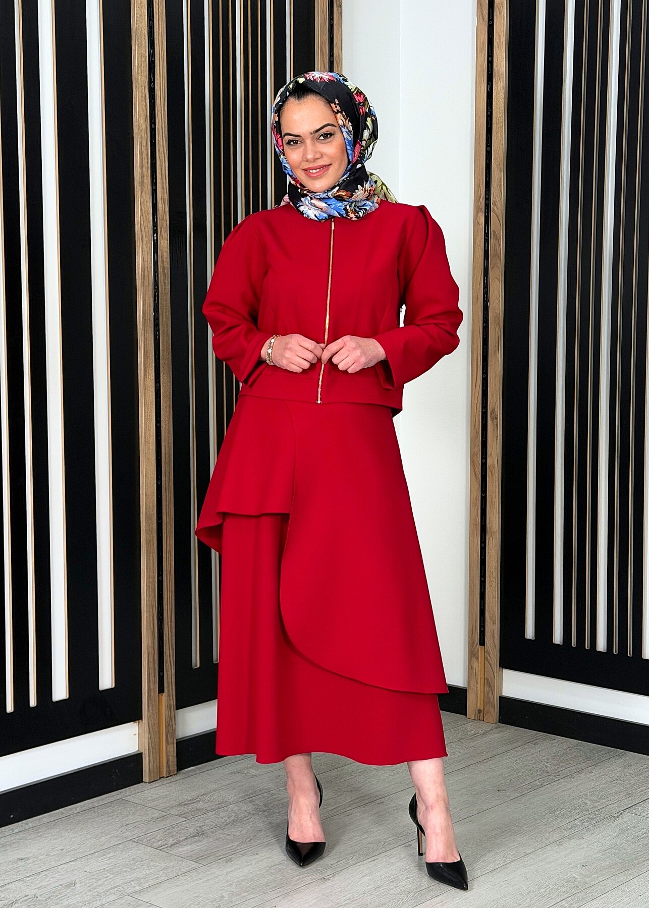 Noİ Double Krep İki Katlı Yandan Çıtçıtlı Anvelop Etek KIRMIZI - 1