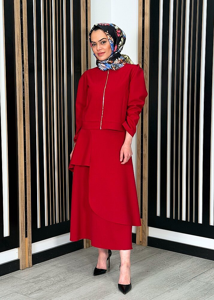 Noİ Double Krep İki Katlı Yandan Çıtçıtlı Anvelop Etek KIRMIZI (1)