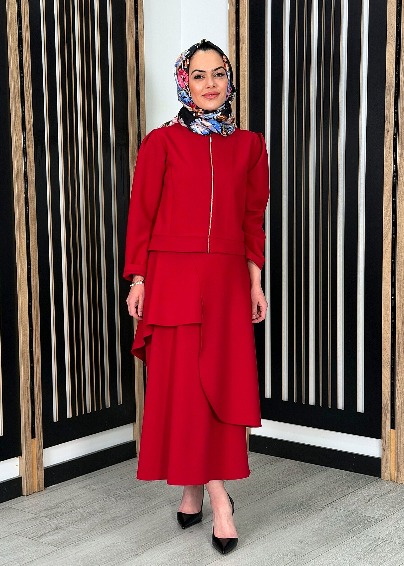 Noİ Double Krep İki Katlı Yandan Çıtçıtlı Anvelop Etek KIRMIZI - 3