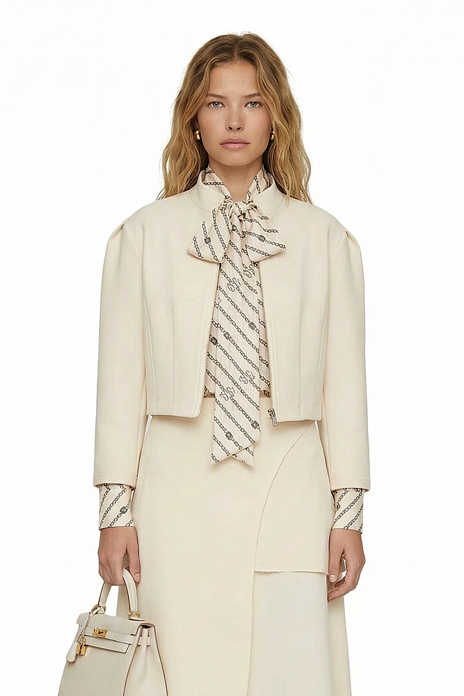 Noİ Double Krep Omuzları Pileli Fermuarlı Kısa Ceket Kemik