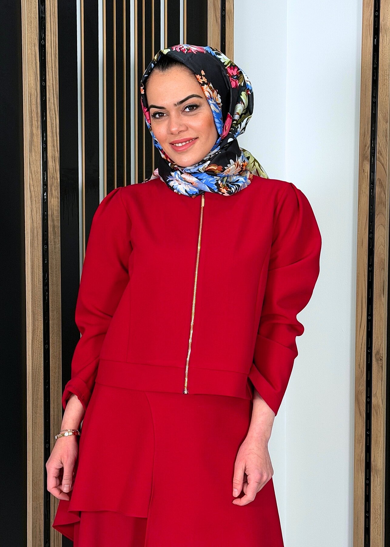 Noİ Double Krep Omuzları Pileli Fermuarlı Kısa Ceket KIRMIZI - 1