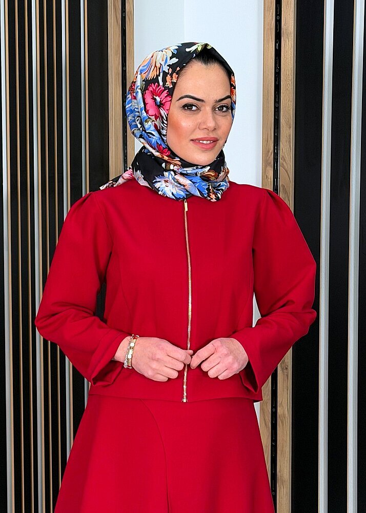 Noİ Double Krep Omuzları Pileli Fermuarlı Kısa Ceket KIRMIZI - 2