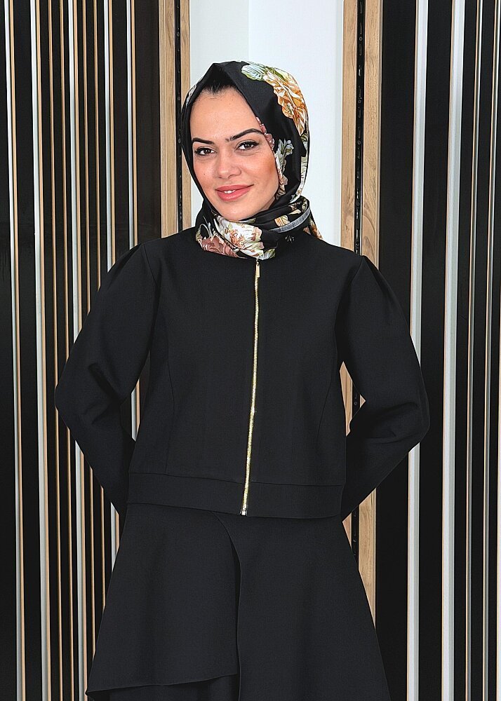 Noİ Double Krep Omuzları Pileli Fermuarlı Kısa Ceket SİYAH