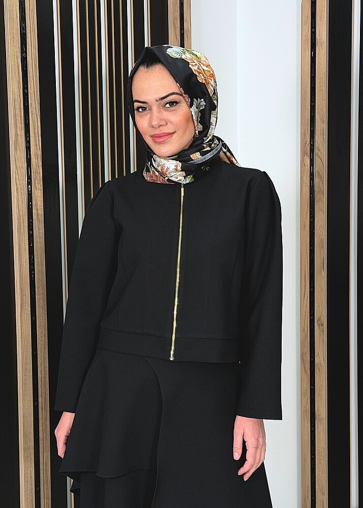 Noİ Double Krep Omuzları Pileli Fermuarlı Kısa Ceket SİYAH - 2