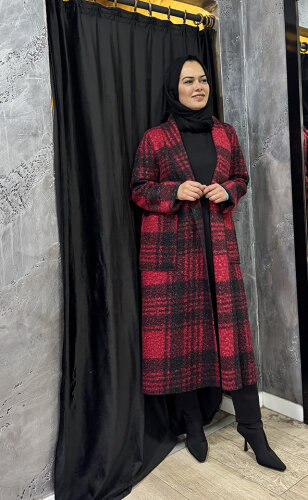 Noi Ekose Yün Viscon Cepli Şal Yaka Kaban BORDO 