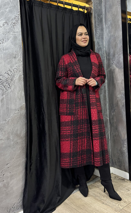 Noi Ekose Yün Viscon Cepli Şal Yaka Kaban BORDO - 1