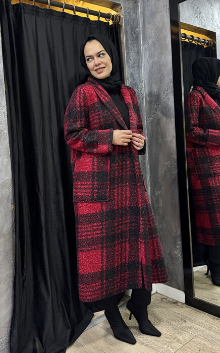 Noi Ekose Yün Viscon Cepli Şal Yaka Kaban BORDO - 2