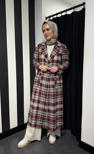 Noİ Ekose Yün Viscon Mix Uzun Blazer Ceket BORDO