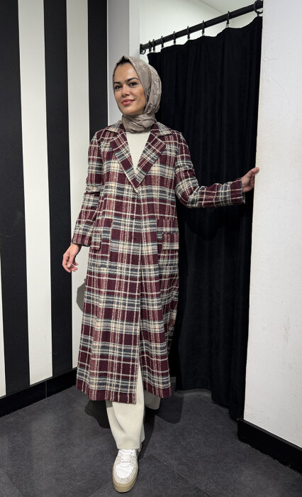 Noİ Ekose Yün Viscon Mix Uzun Blazer Ceket BORDO - 2